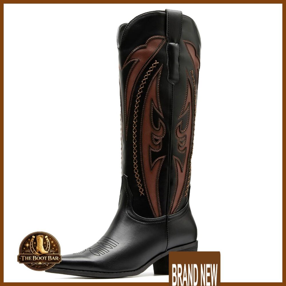Knee High Cowboy Boots with Embroidered Design Chunky Heel Pointed Toe